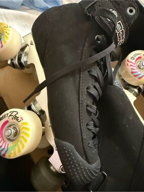 Black Suede Roller Skates with White Multi-Color Wheels